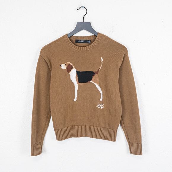 Lauren Ralph Lauren Instarsia-Knit Beagle Cotton Jumper Sweater brown M - Picture 2 of 10